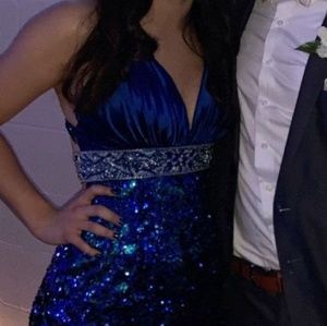 Blue and teal sequin prom dress